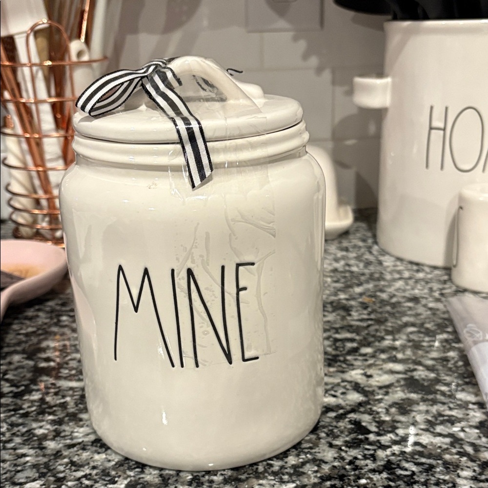 Rae Dunn Artisan Collection Cream Ceramic “Mine” canister with lid